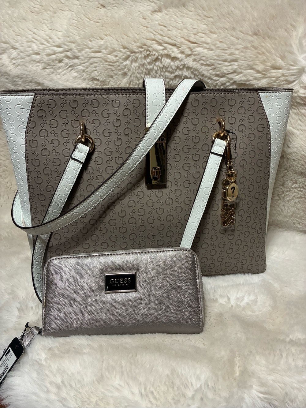 GUESS Taupe Tote with White Trim and Metallic Taupe Wallet
